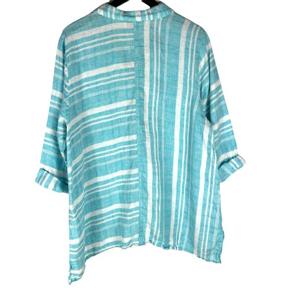 Habitat 100% Linen Striped ¾ Sleeve Oversized Top Aqua Mother of Pearl Size XL - Picture 6 of 6